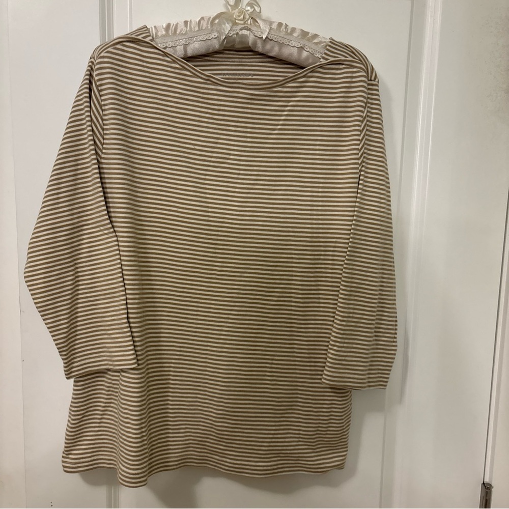 Appleseed's Tan/White Striped Pullover-Boat Neck-3/4 Sleeve- Large-#76915-Cotton